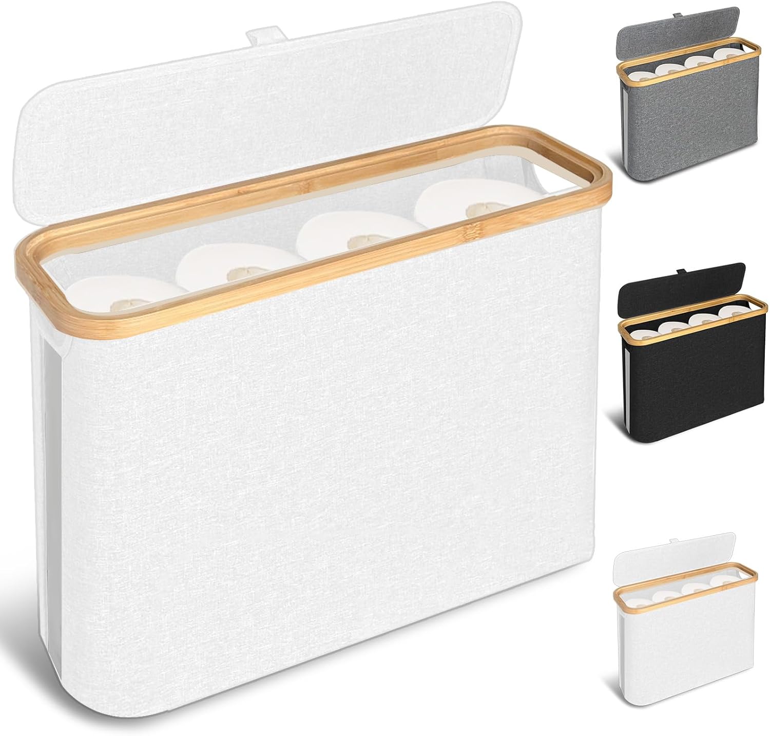 CARLA HOME Toilet Paper Storage Basket Holds Up to 12 Rolls with Bamboo Lid and Handle for RV Closet (White)