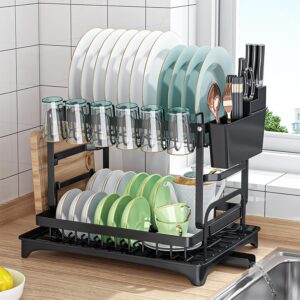 CARLA HOME 2-Tier Dish Drying Rack with Drainage Tray, Utensil Holder, Cup Hooks & Cutting Board Slot for Countertop Kitchen Storage (Black)